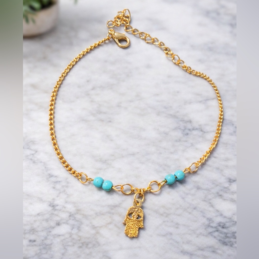 Gold Tone Turquoise Bead Anklet With Hamsa Charm Evil Eye Anklet 25$